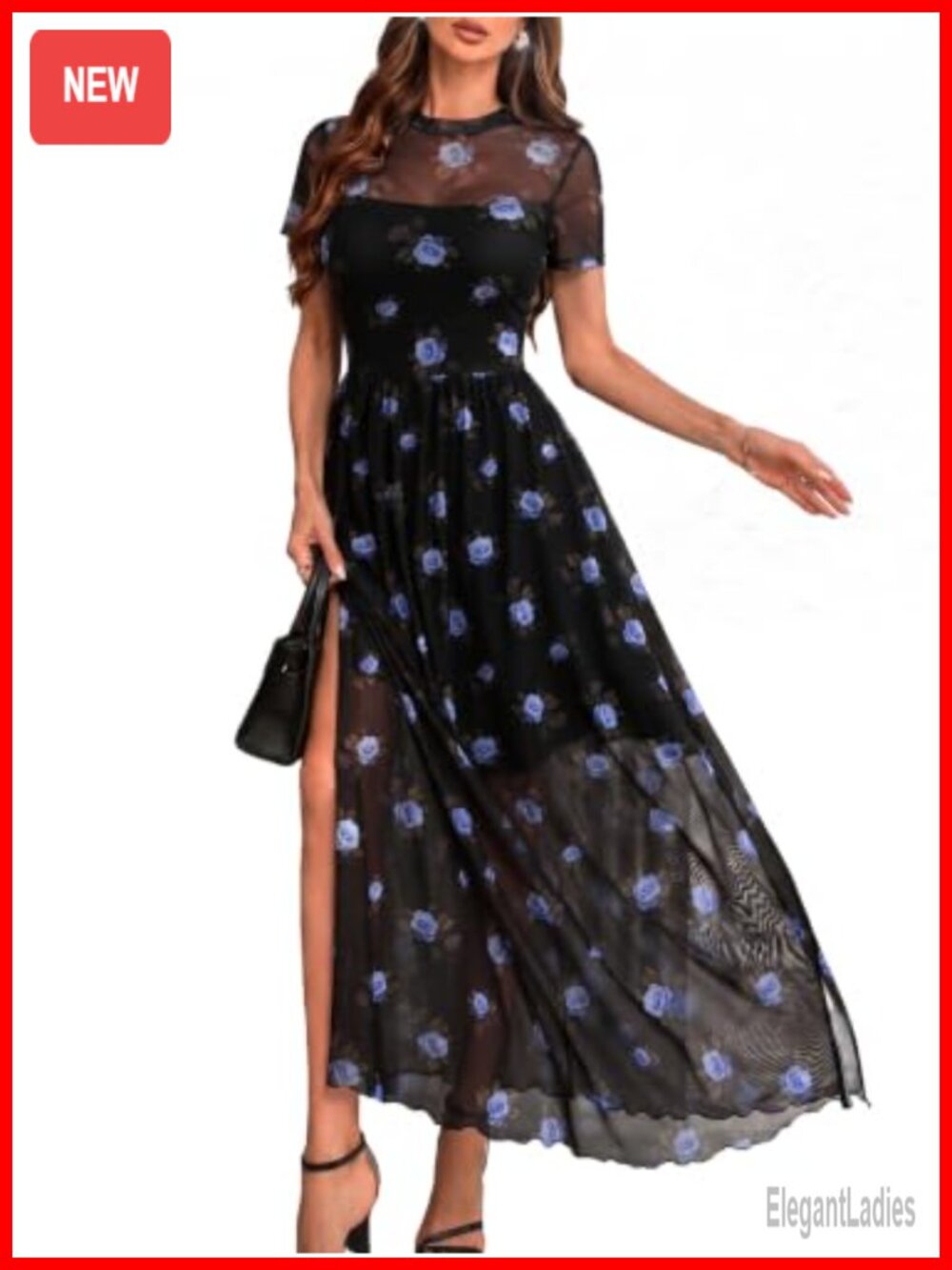 Floral Mesh Short Sleeve Maxi Dress High Slit Wedding Guest